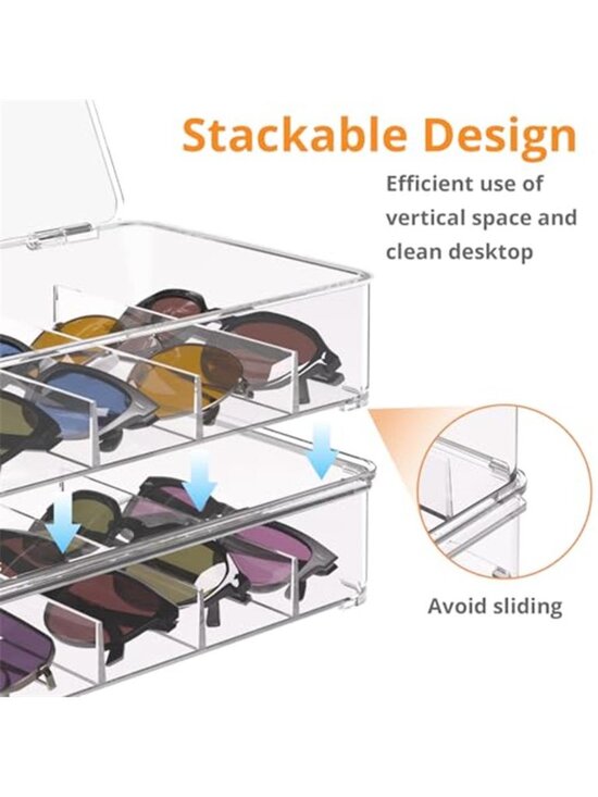 2 Pack Sunglasses Organizer Acrylic Clear Plastic Stackable Case with 5 Slots